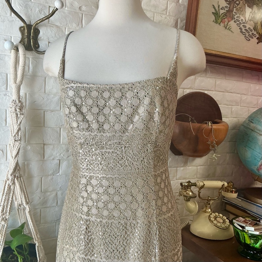 Vintage 90s Y2K Michelangelo Rhinestone Spaghetti Strap Gold Crochet Sequin Gown - Picture 4 of 14